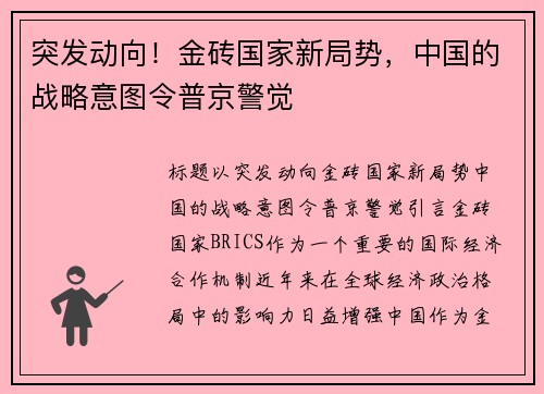 突发动向！金砖国家新局势，中国的战略意图令普京警觉