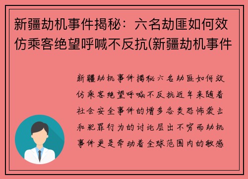 新疆劫机事件揭秘：六名劫匪如何效仿乘客绝望呼喊不反抗(新疆劫机事件中受表彰)
