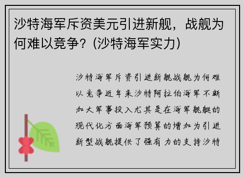沙特海军斥资美元引进新舰，战舰为何难以竞争？(沙特海军实力)