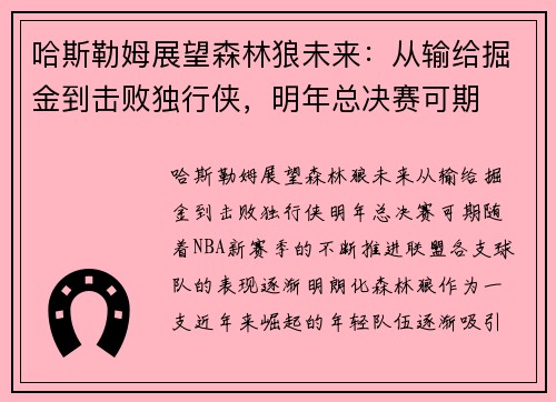 哈斯勒姆展望森林狼未来：从输给掘金到击败独行侠，明年总决赛可期