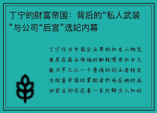 丁宁的财富帝国：背后的“私人武装”与公司“后宫”选妃内幕