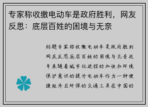 专家称收缴电动车是政府胜利,网友反思:底层百姓的困境与无奈 专家称收缴电动车是政府胜利,网友反思:底层百姓的困境与无奈