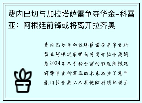 费内巴切与加拉塔萨雷争夺华金-科雷亚:阿根廷前锋或将离开拉齐奥 费内巴切与加拉塔萨雷争夺华金-科雷亚:阿根廷前锋或将离开拉齐奥