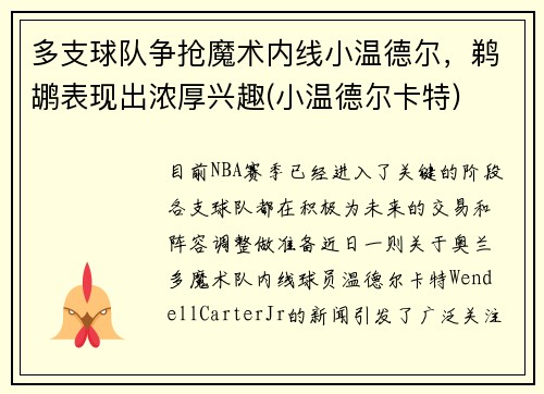 多支球队争抢魔术内线小温德尔，鹈鹕表现出浓厚兴趣(小温德尔卡特)
