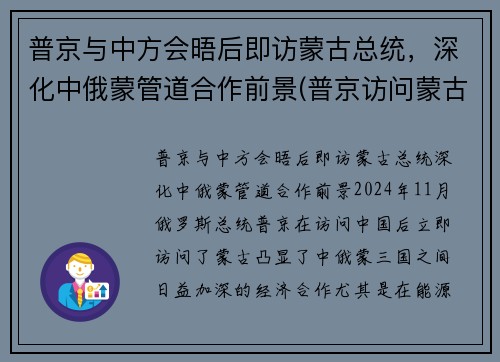 普京与中方会晤后即访蒙古总统，深化中俄蒙管道合作前景(普京访问蒙古)